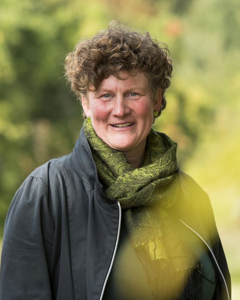 Sabine Eller im herbstlichen Wald mit grünem Schal